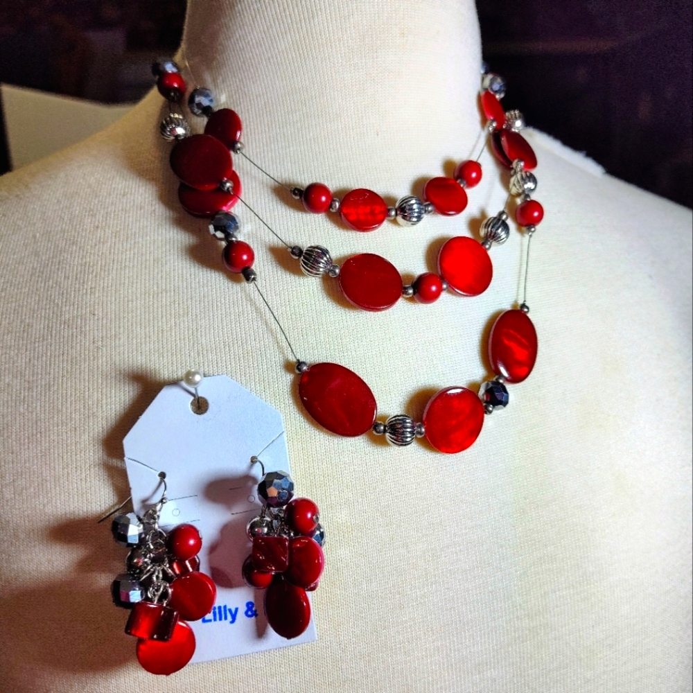 Red Beaded Necklace and Earring Set NWOT